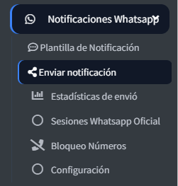 Menú Notificaciones WhatsApp y opción Enviar notificación