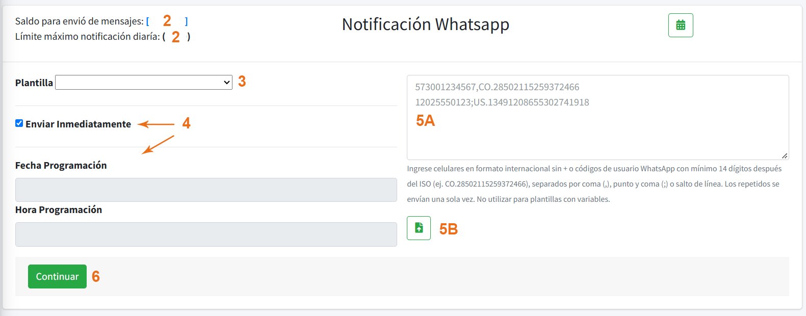 Área de carga de contactos y botón Continuar