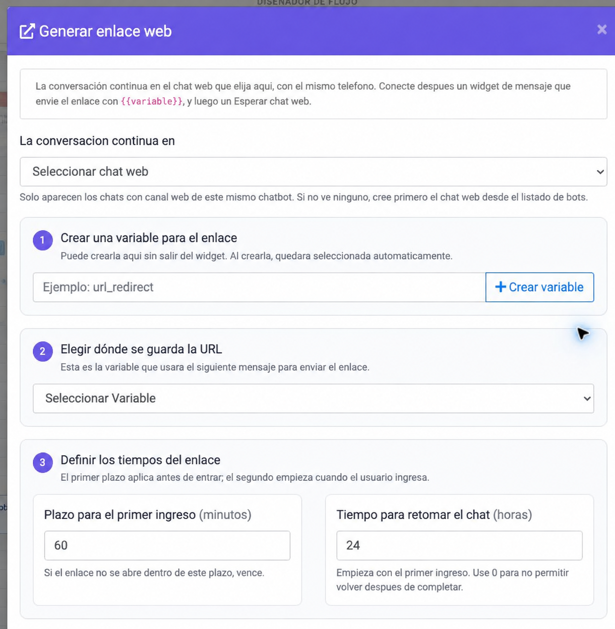 Captura de configuración del widget en Chatbot Designer