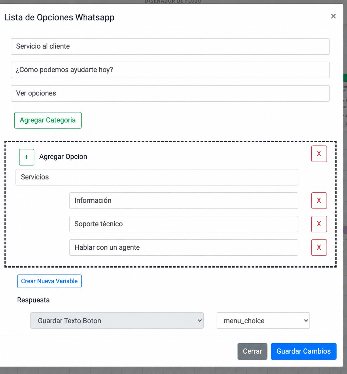 Captura de configuración del widget en Chatbot Designer