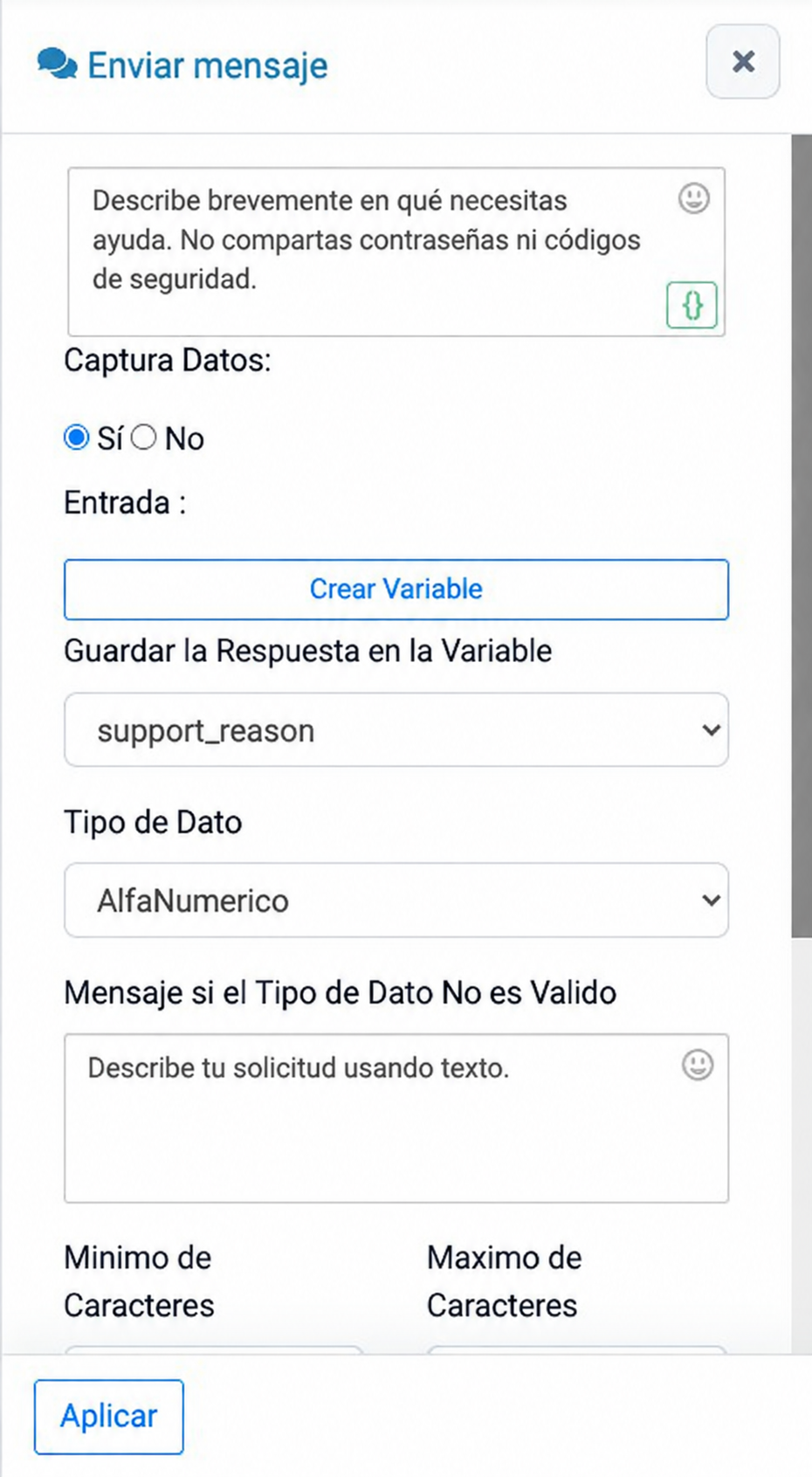 Captura de configuración del widget en Chatbot Designer